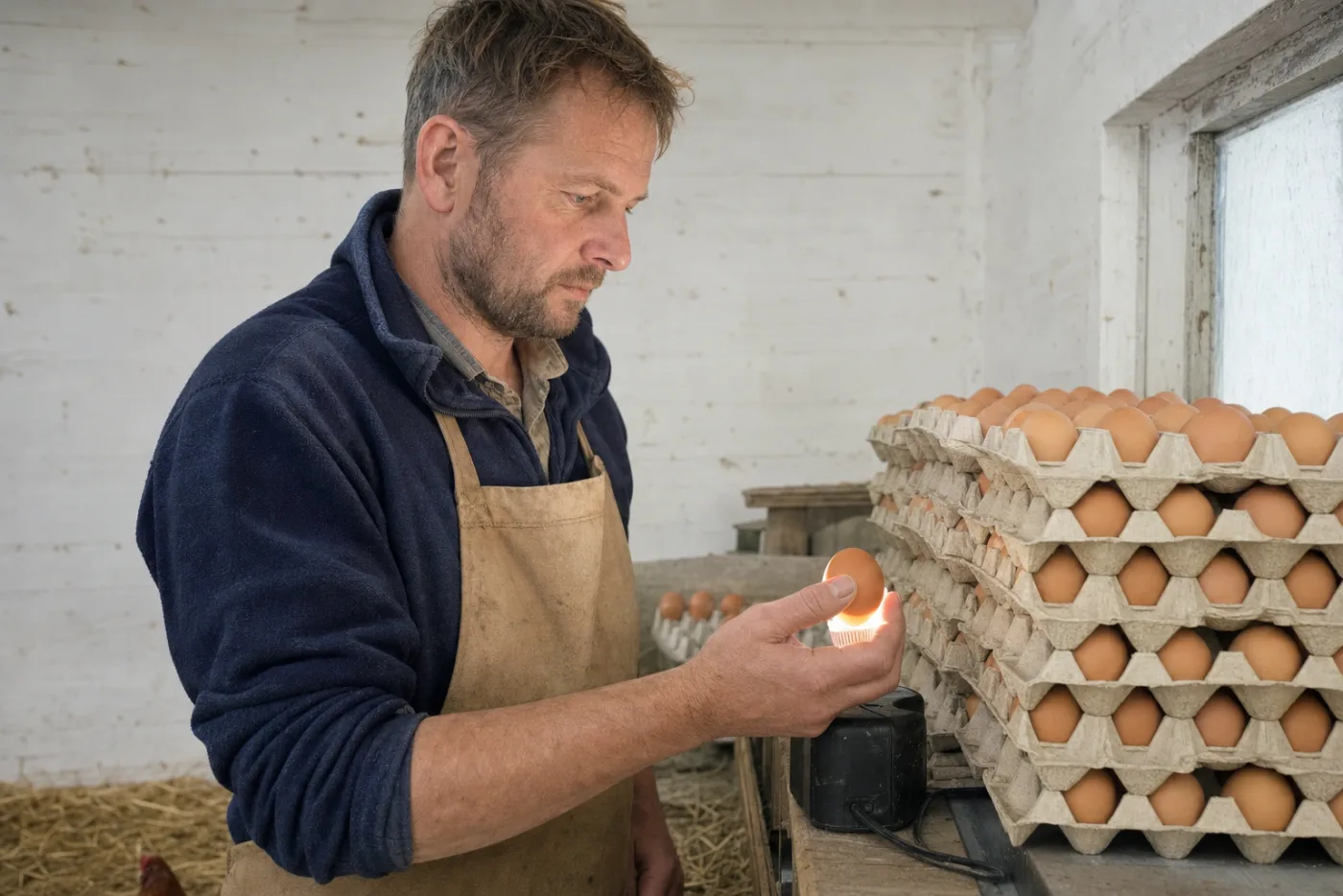 A farmer grading eggs by hand in a small farm egg room