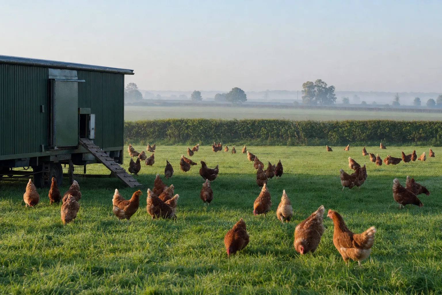 Free range brown hens ranging across a green Suffolk paddock beside a mobile hen house at dawn